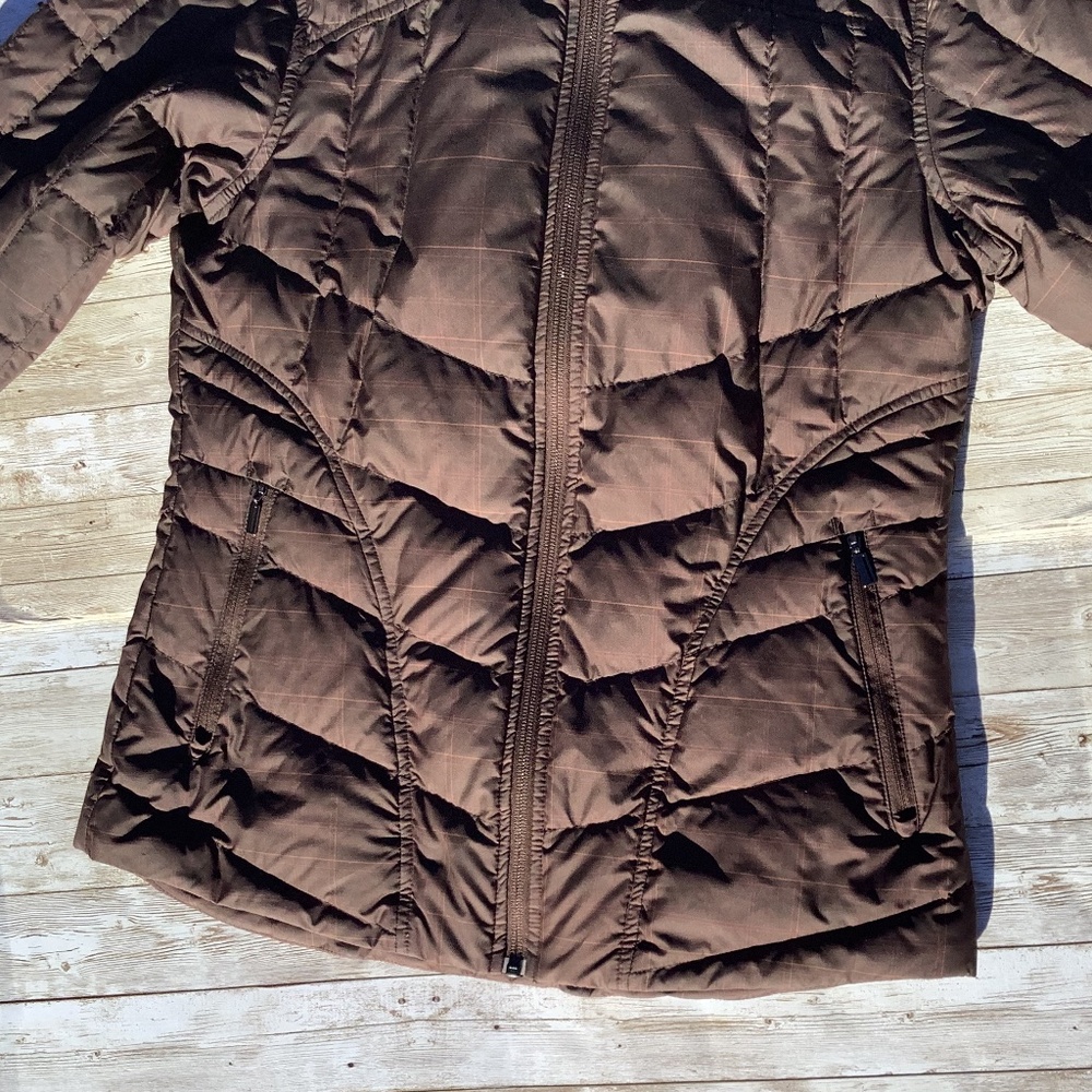 NAU Women Goose Down Puffer Jacket Plaid Brown XS extra small (easily can fit S) - Picture 3 of 15